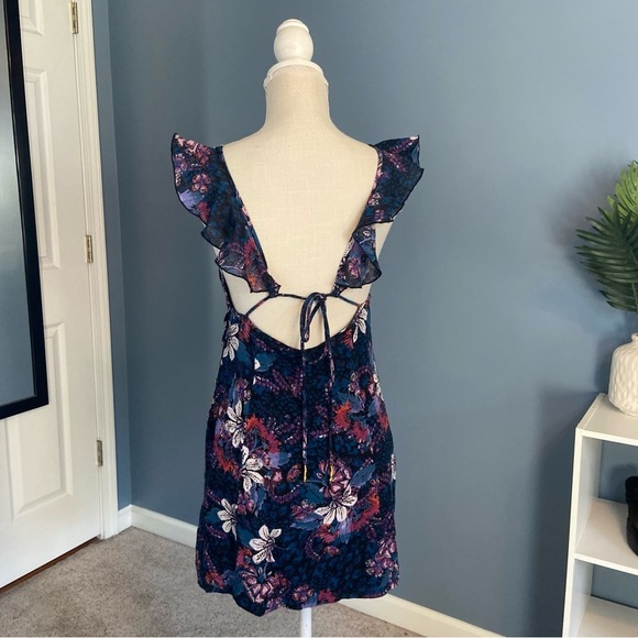Free People Blue Floral Josie Deep V Neck Mini Dress - Picture 2 of 10